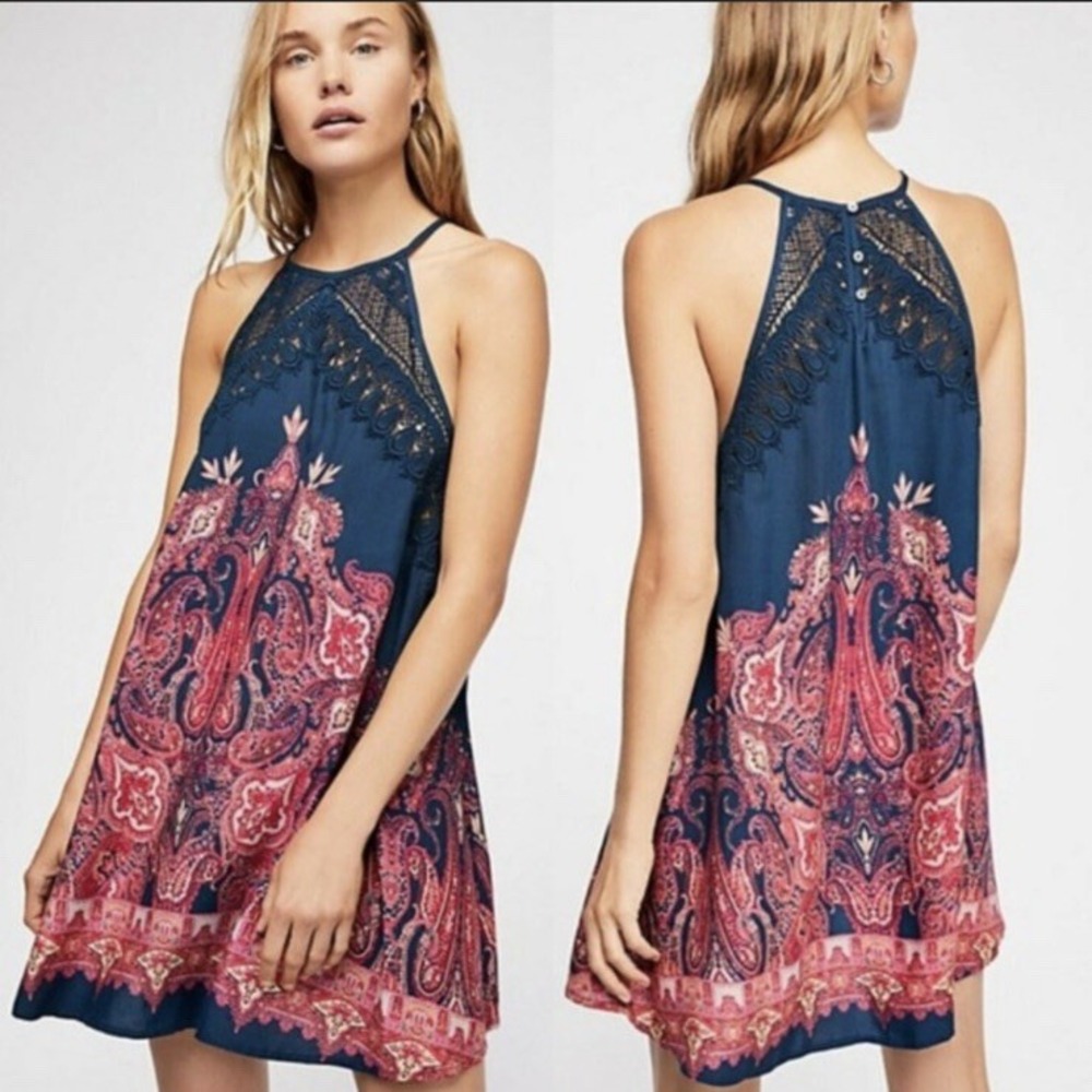 Free People festival bandanna Halter Navy Pink Paisley Crochet Lace Boho Dress - Picture 1 of 8